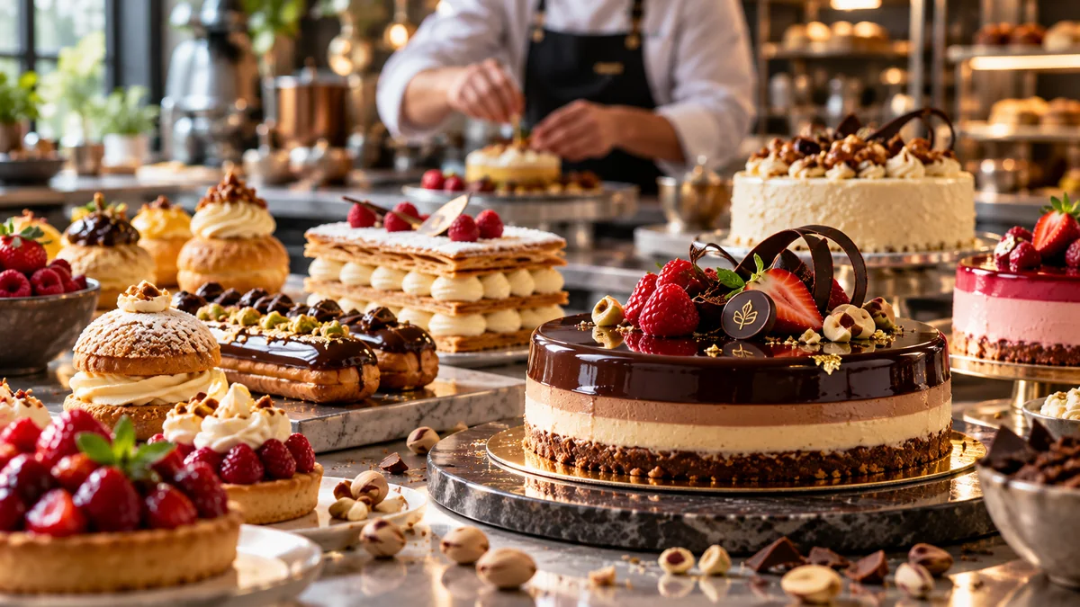 Un banco di pasticceria: una torta mousse al cioccolato glassata con frutti di bosco, éclair, millefoglie, bignè e crostate di frutta.